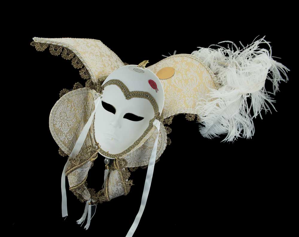 Grand Masque Vénitien Casanova Blanc Doré et Strass – Artisanat Authentique de Venise