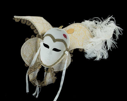 Grand Masque Vénitien Casanova Blanc Doré et Strass – Artisanat Authentique de Venise