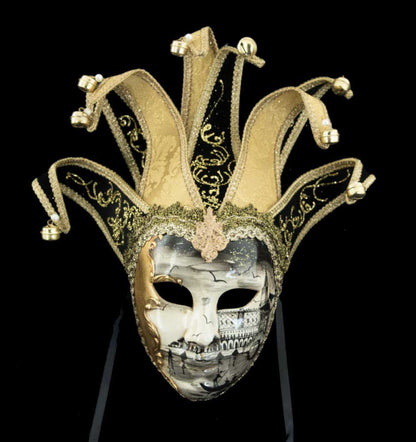 Masque Visage Jolly « Place Saint-Marc » Noir Doré – Artisanat Authentique de Venise