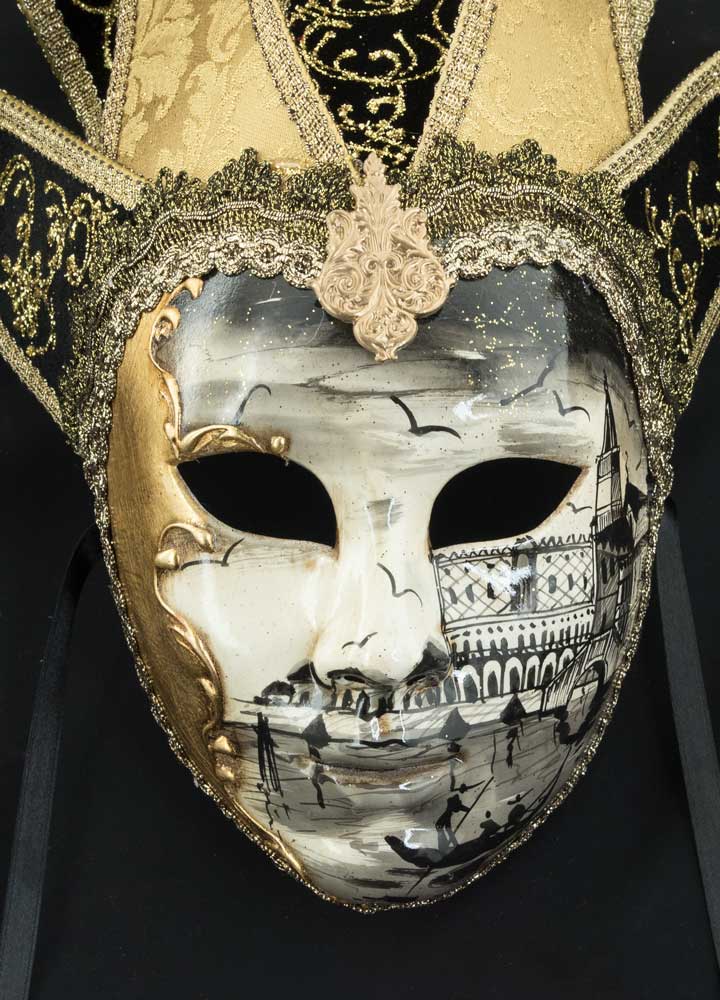 Masque Visage Jolly « Place Saint-Marc » Noir Doré – Artisanat Authentique de Venise