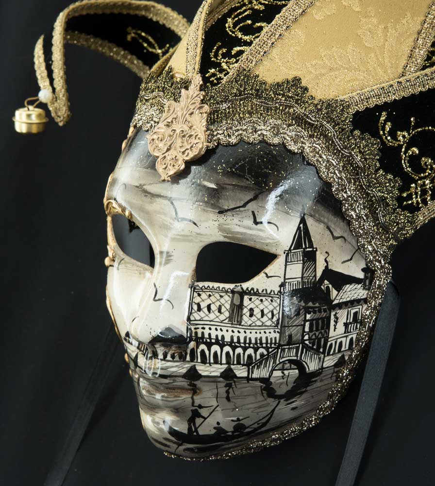 Masque Visage Jolly « Place Saint-Marc » Noir Doré – Artisanat Authentique de Venise