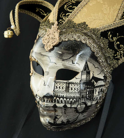 Masque Visage Jolly « Place Saint-Marc » Noir Doré – Artisanat Authentique de Venise