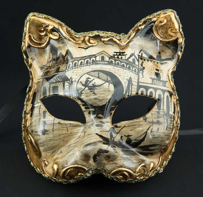 Masque Chat Gatto Pont du Rialto Noir et Doré – Artisanat Authentique de Venise