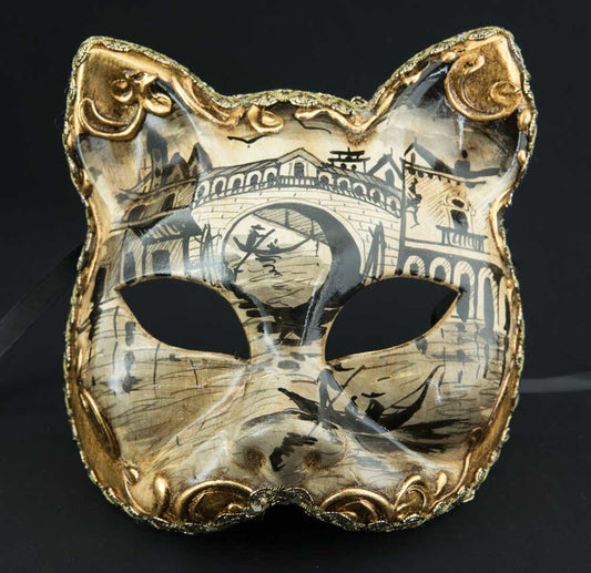 Masque Chat Gatto Pont du Rialto Noir et Doré – Artisanat Authentique de Venise