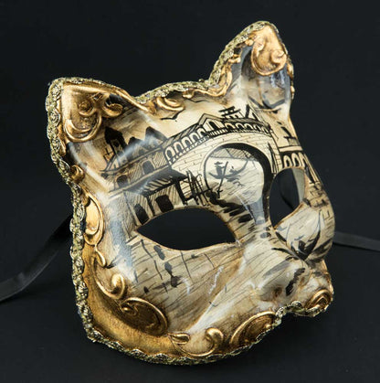 Masque Chat Gatto Pont du Rialto Noir et Doré – Artisanat Authentique de Venise