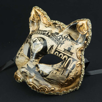 Masque Chat Gatto Pont du Rialto Noir et Doré – Artisanat Authentique de Venise