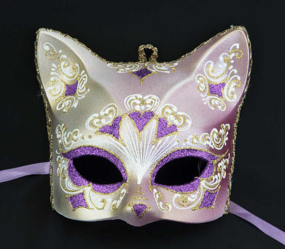 Masque Chat Gatto Doré Floral Cœur Violet – Artisanat Authentique de Venise