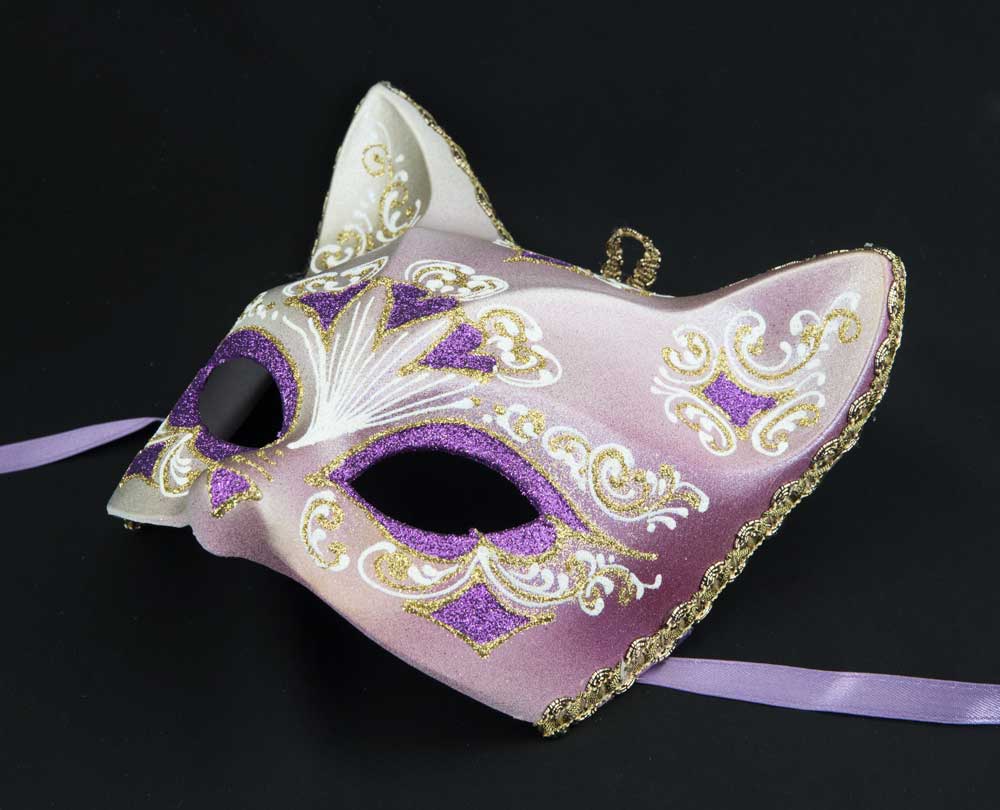 Masque Chat Gatto Doré Floral Cœur Violet – Artisanat Authentique de Venise