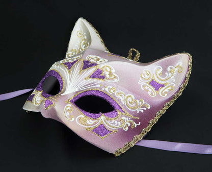 Masque Chat Gatto Doré Floral Cœur Violet – Artisanat Authentique de Venise