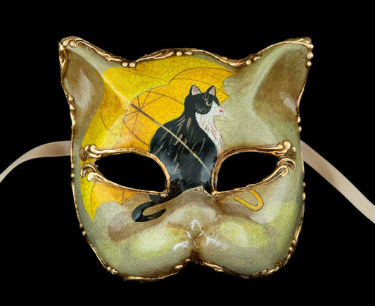 Masque de Venise de Collection Chat avec Ombrelle Jaune – Artisanat Authentique de Venise