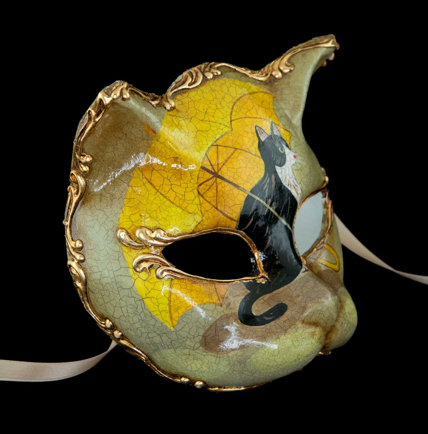 Masque de Venise de Collection Chat avec Ombrelle Jaune – Artisanat Authentique de Venise