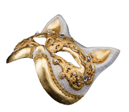 Masque de Venise Chat Gatto Macramé Craquelé Doré avec Strass et Perles – Carnaval Vénitien | Artisanat Authentique