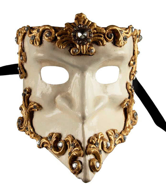 Masque Vénitien Bauta Baroque Doré et Blanc – Artisanat Authentique de Venise