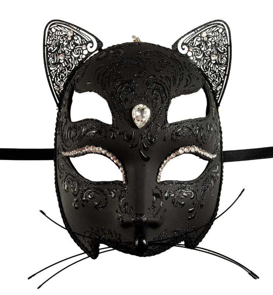 Masque Chat Vénitien Noir – Artisanat Authentique de Venise