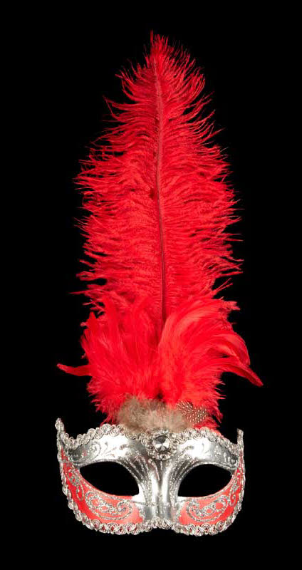 Masque Colombine à Plumes Rouge Argenté – Artisanat Authentique de Venise