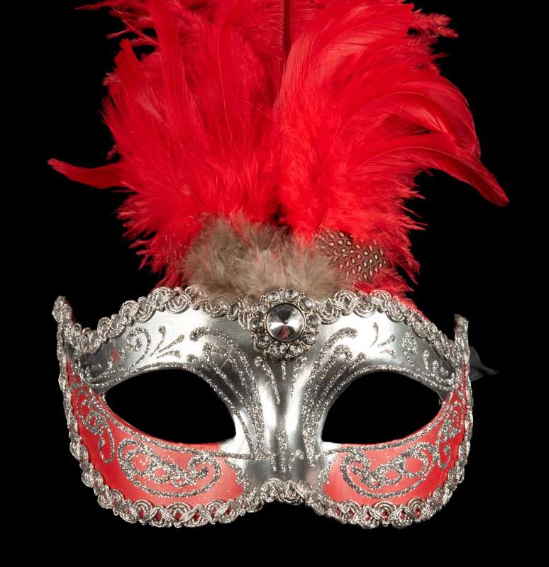 Masque Colombine à Plumes Rouge Argenté – Artisanat Authentique de Venise