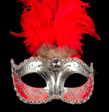Masque Colombine à Plumes Rouge Argenté – Artisanat Authentique de Venise