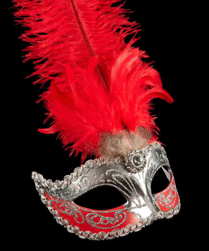 Masque Colombine à Plumes Rouge Argenté – Artisanat Authentique de Venise