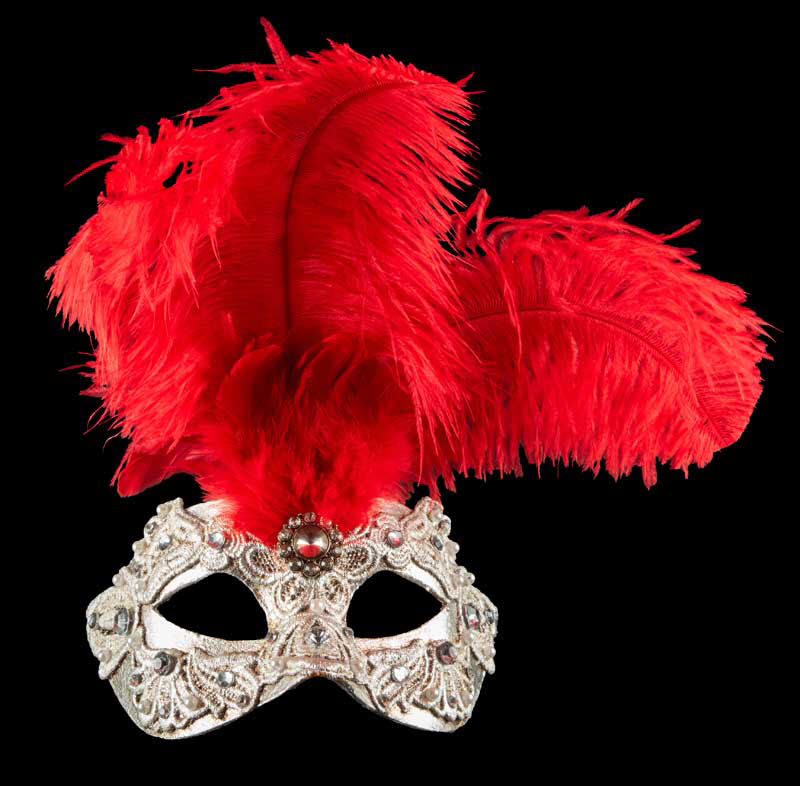 Masque Colombine Macramé Argenté à Plumes Rouges – Artisanat Authentique de Venise