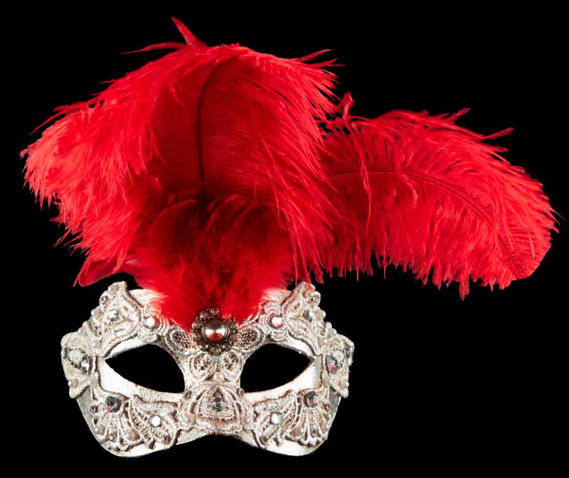 Masque Colombine Macramé Argenté à Plumes Rouges – Artisanat Authentique de Venise