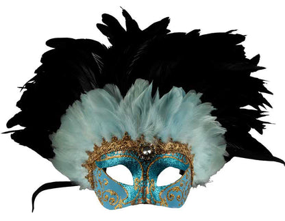 Masque Colombine Bleu et Noir à Plumes – Artisanat Authentique de Venise