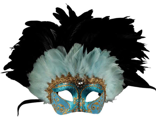 Masque Colombine Bleu et Noir à Plumes – Artisanat Authentique de Venise