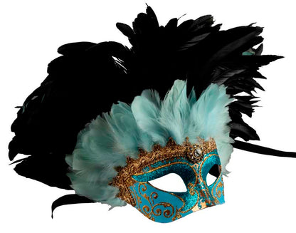 Masque Colombine Bleu et Noir à Plumes – Artisanat Authentique de Venise