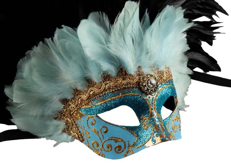 Masque Colombine Bleu et Noir à Plumes – Artisanat Authentique de Venise