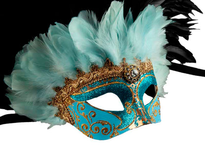 Masque Colombine Bleu et Noir à Plumes – Artisanat Authentique de Venise