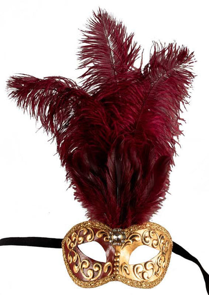 Masque Colombine à Plumes Bordeaux Doré – Artisanat Authentique de Venise