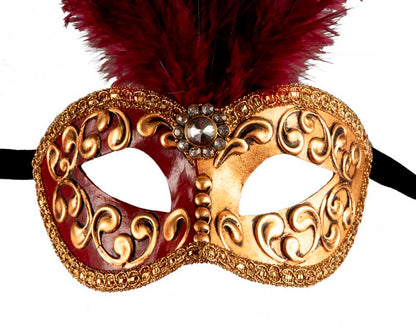 Masque Colombine à Plumes Bordeaux Doré – Artisanat Authentique de Venise