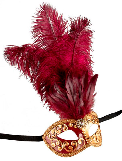 Masque Colombine à Plumes Bordeaux Doré – Artisanat Authentique de Venise