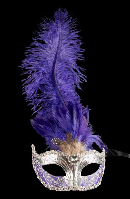 Masque Colombine à Plumes Violet Argenté – Artisanat Authentique de Venise