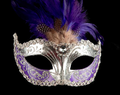 Masque Colombine à Plumes Violet Argenté – Artisanat Authentique de Venise