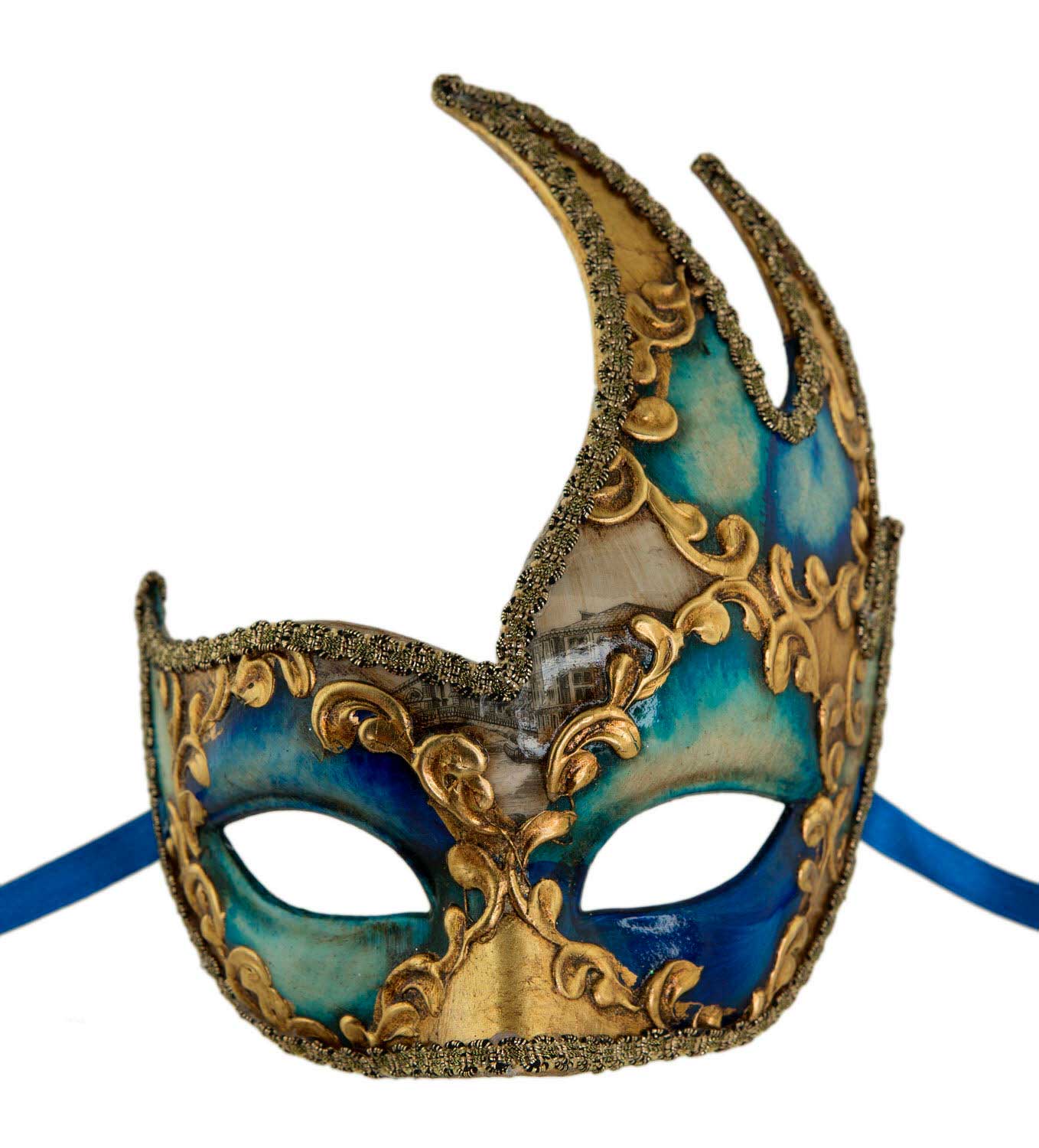 Masque Vénitien Colombine Cygne Pont des Soupirs Bleu Doré – Artisanat Authentique de Venise