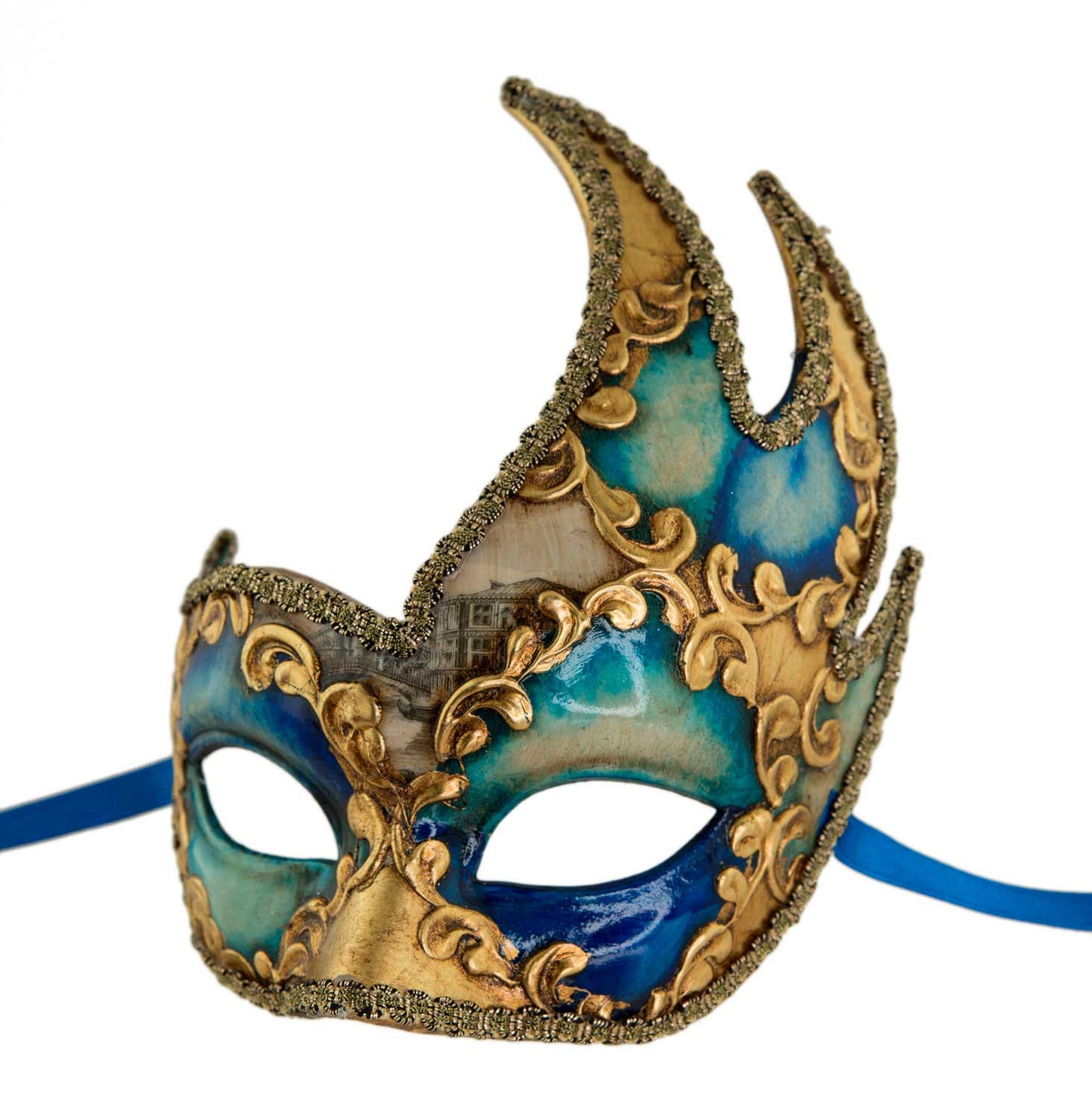 Masque Vénitien Colombine Cygne Pont des Soupirs Bleu Doré – Artisanat Authentique de Venise