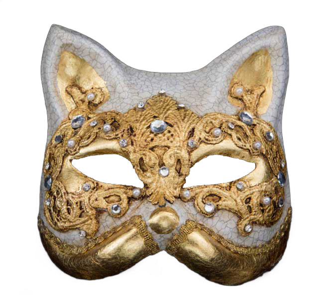Masque de Venise Chat Gatto Macramé Craquelé Doré avec Strass et Perles – Carnaval Vénitien | Artisanat Authentique