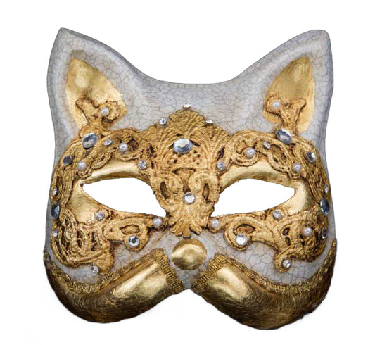 Masque de Venise Chat Gatto Macramé Craquelé Doré avec Strass et Perles – Carnaval Vénitien | Artisanat Authentique