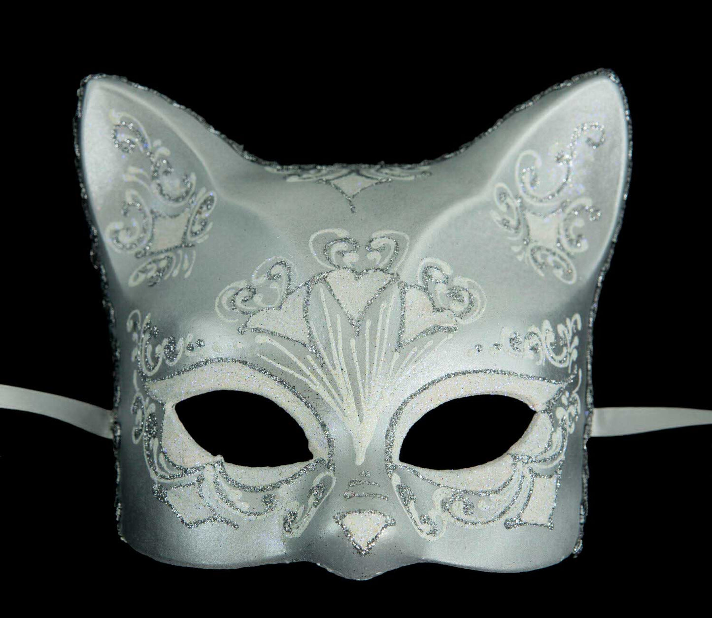 Masque Chat Gatto Blanc Argenté Floral – Artisanat Authentique de Venise