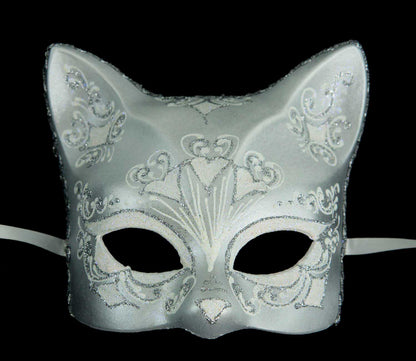 Masque Chat Gatto Blanc Argenté Floral – Artisanat Authentique de Venise