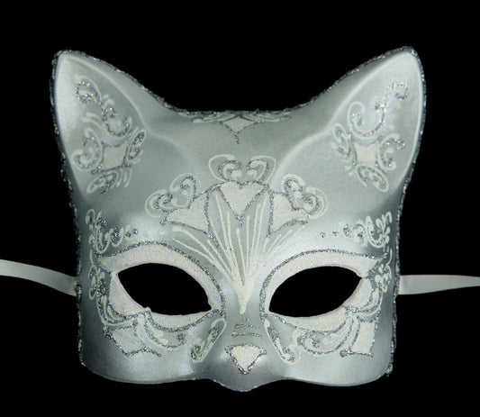 Masque Chat Gatto Blanc Argenté Floral – Artisanat Authentique de Venise