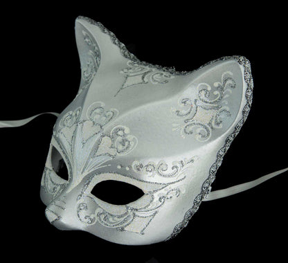 Masque Chat Gatto Blanc Argenté Floral – Artisanat Authentique de Venise