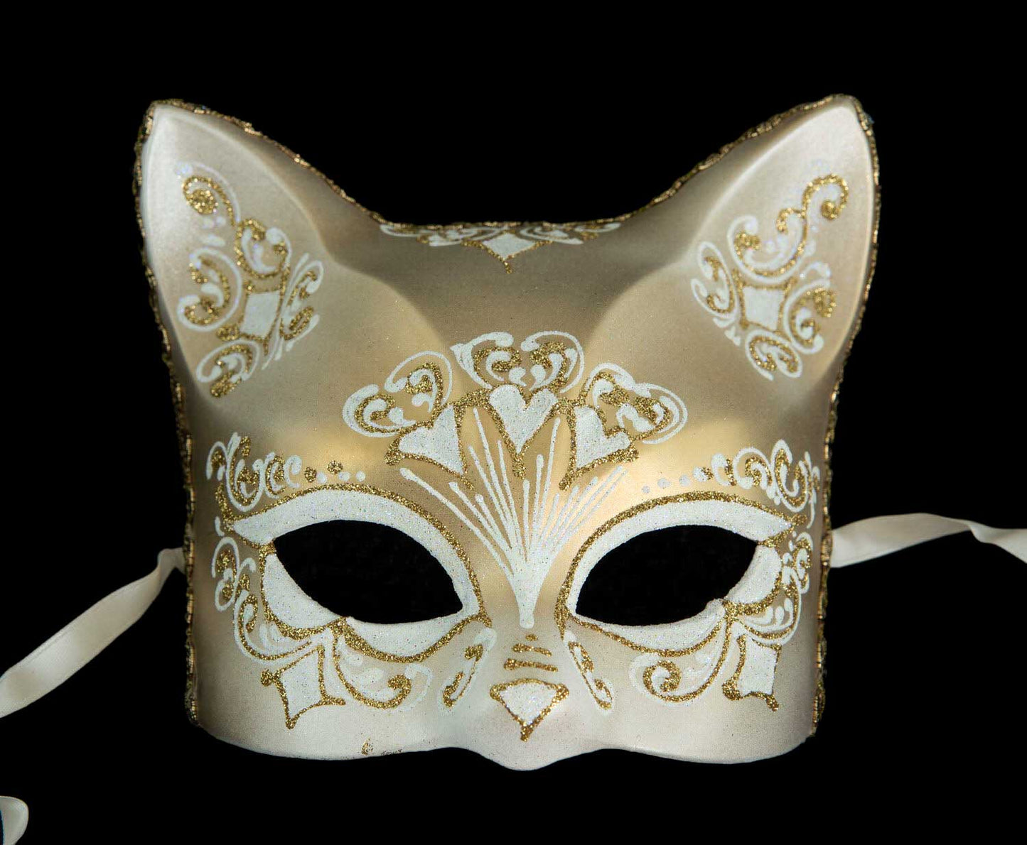 Masque Chat Gatto Blanc Doré Floral – Artisanat Authentique de Venise