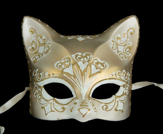 Masque Chat Gatto Blanc Doré Floral – Artisanat Authentique de Venise