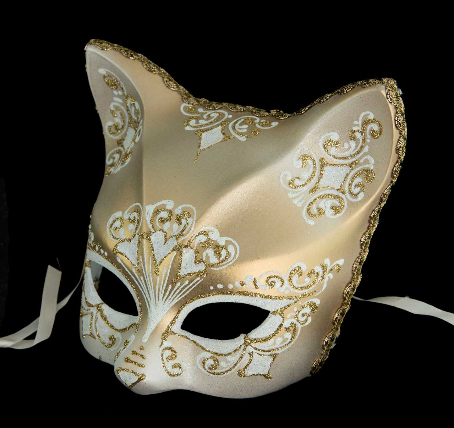Masque Chat Gatto Blanc Doré Floral – Artisanat Authentique de Venise