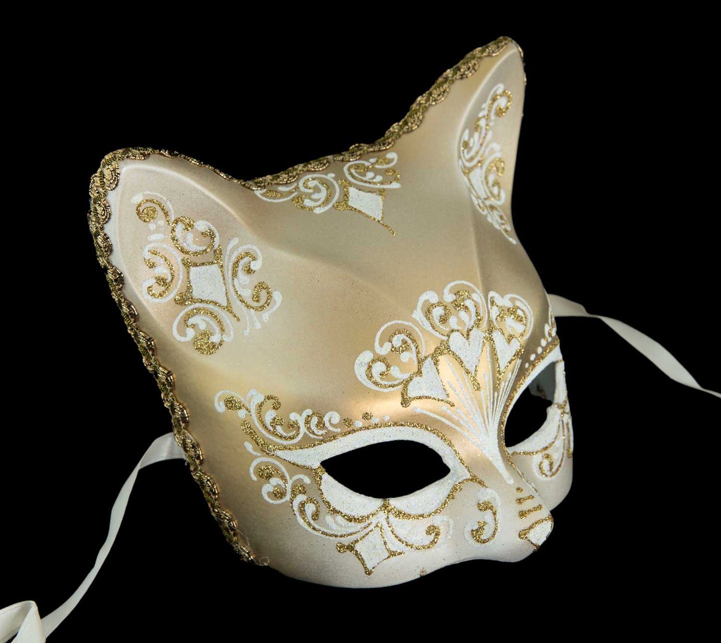 Masque Chat Gatto Blanc Doré Floral – Artisanat Authentique de Venise