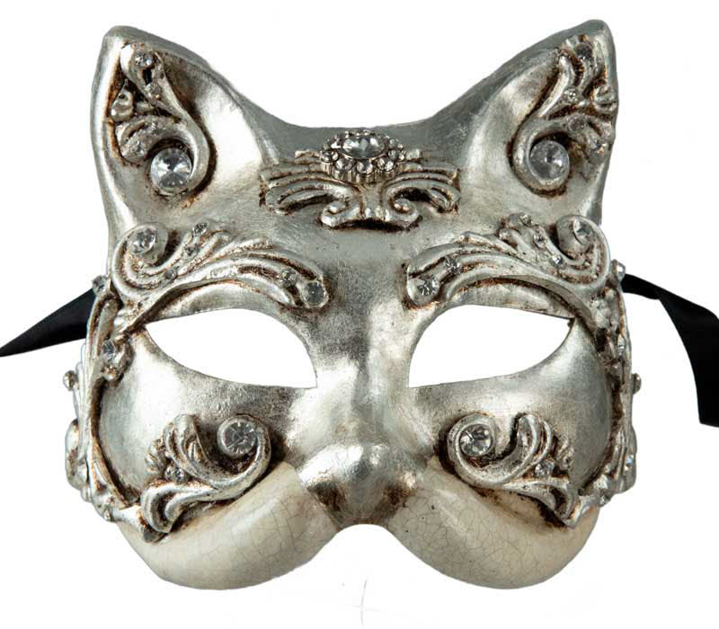 Masque Chat Gatto Barocco Argenté – Strass et Perles – Artisanat Authentique de Venise