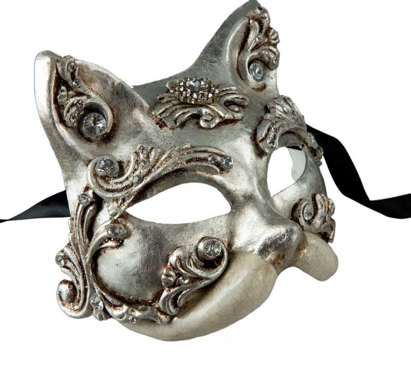 Masque Chat Gatto Barocco Argenté – Strass et Perles – Artisanat Authentique de Venise