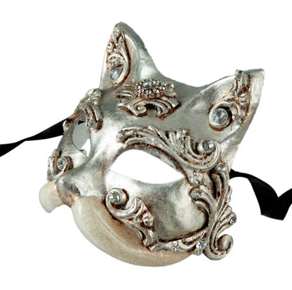 Masque Chat Gatto Barocco Argenté – Strass et Perles – Artisanat Authentique de Venise