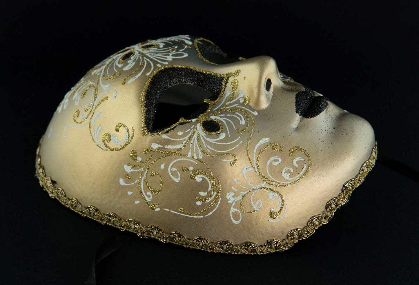 Masque Volto Floral Noir et Doré – Artisanat Authentique de Venise